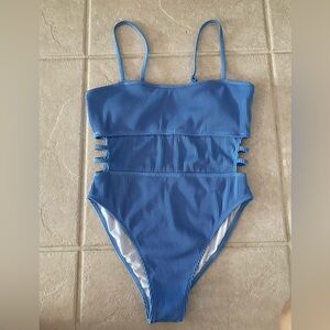 2/$15 Women’s Blue Ribbed One-Piece Swimsuit With Cut-Out Sides - Size